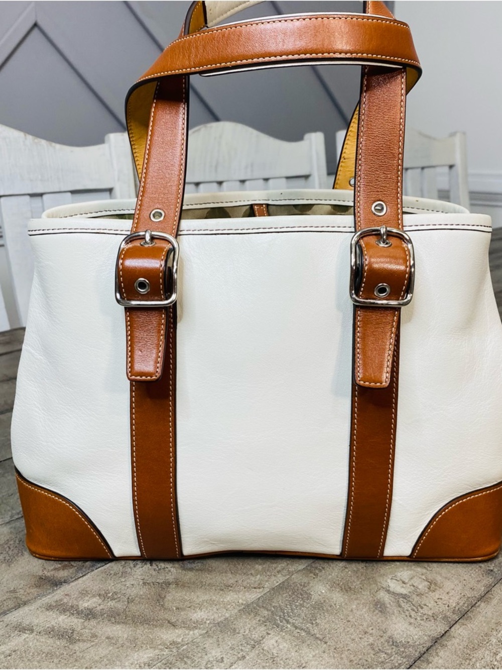 COACH Hamptons Leather Bicolor Tote Bag White Brown Authentic Vintage - Picture 6 of 13